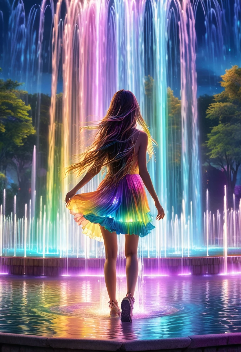Dancing water columns of a musical fountain、Beautiful rainbow-colored lights and various combinations of water columns,Colorful spotlight effects,Create unique patterns,A cute girl with long hair in the foreground,Beautiful girl looking back,Create a colorful scene,Detailed fantasy digital art,Highly detailed digital art in 4K,fantasy art action、High-quality images、Great shots,