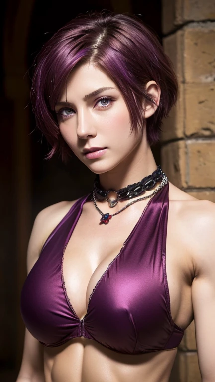 Medieval Knight,(Short Hair:1.6), Red pupils,woman,armor, masterpiece, highest quality, high quality, red and black crystal necklace,(Big Breasts:1.4),Cleavage,Glare,Topless,Beautiful Face,(Abdominal muscles:1.4),purple hair
