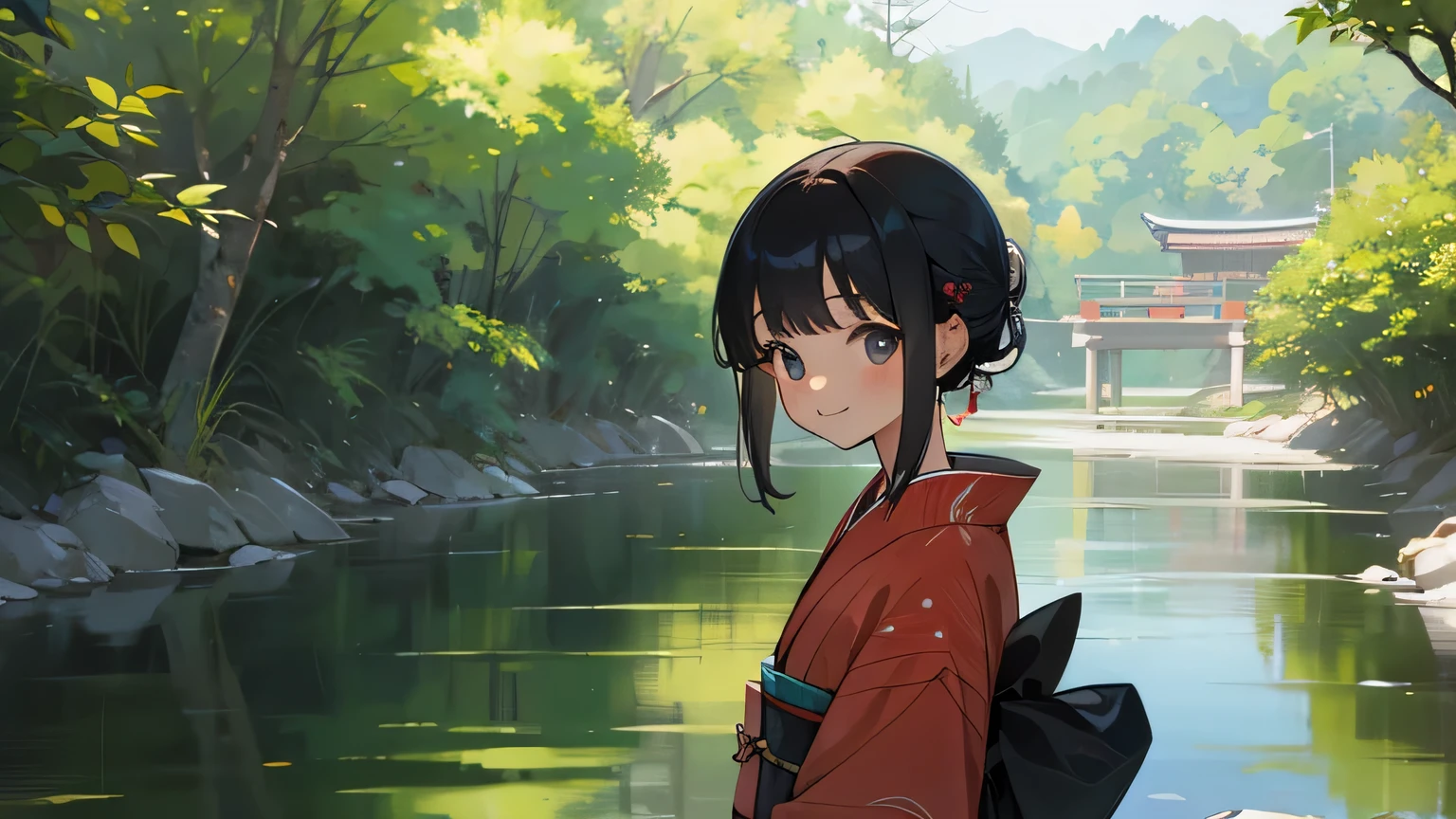 ummer, nature, river, kimono, smile japanese girl with cat