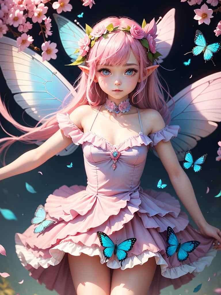 cute little Fairy, blue butterfly, pink hair, pink eyes, dress pointy ears dress made of petals leaves forward posture leaf flower flower crown