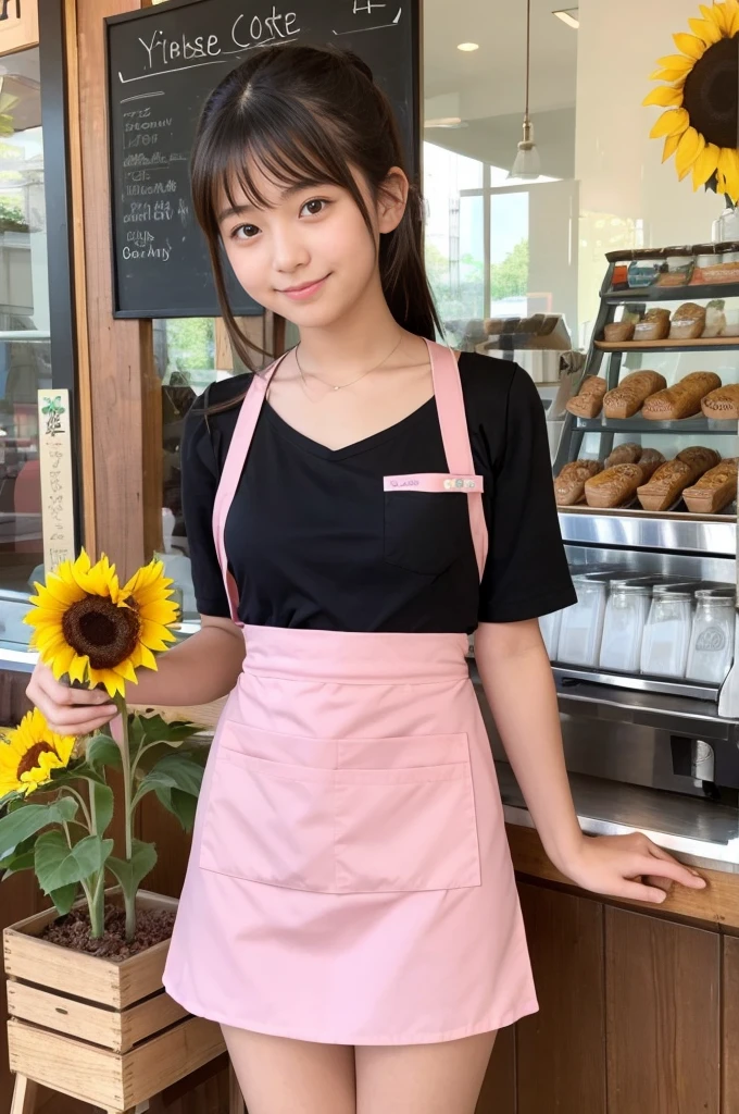 20 years old girl (Japanese cute face) is wearing mini skirt and pink apron and working at the cafe with sunflowers