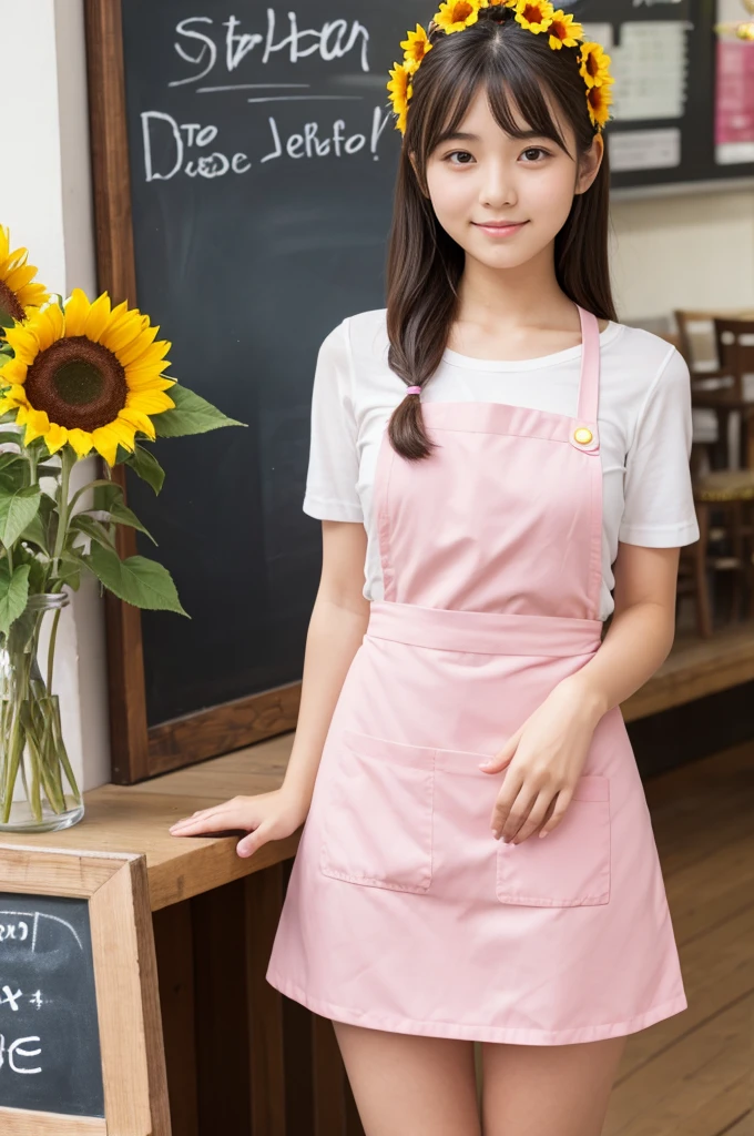 20 years old girl (Japanese cute face) is wearing mini skirt and pink apron and working at the cafe with sunflowers