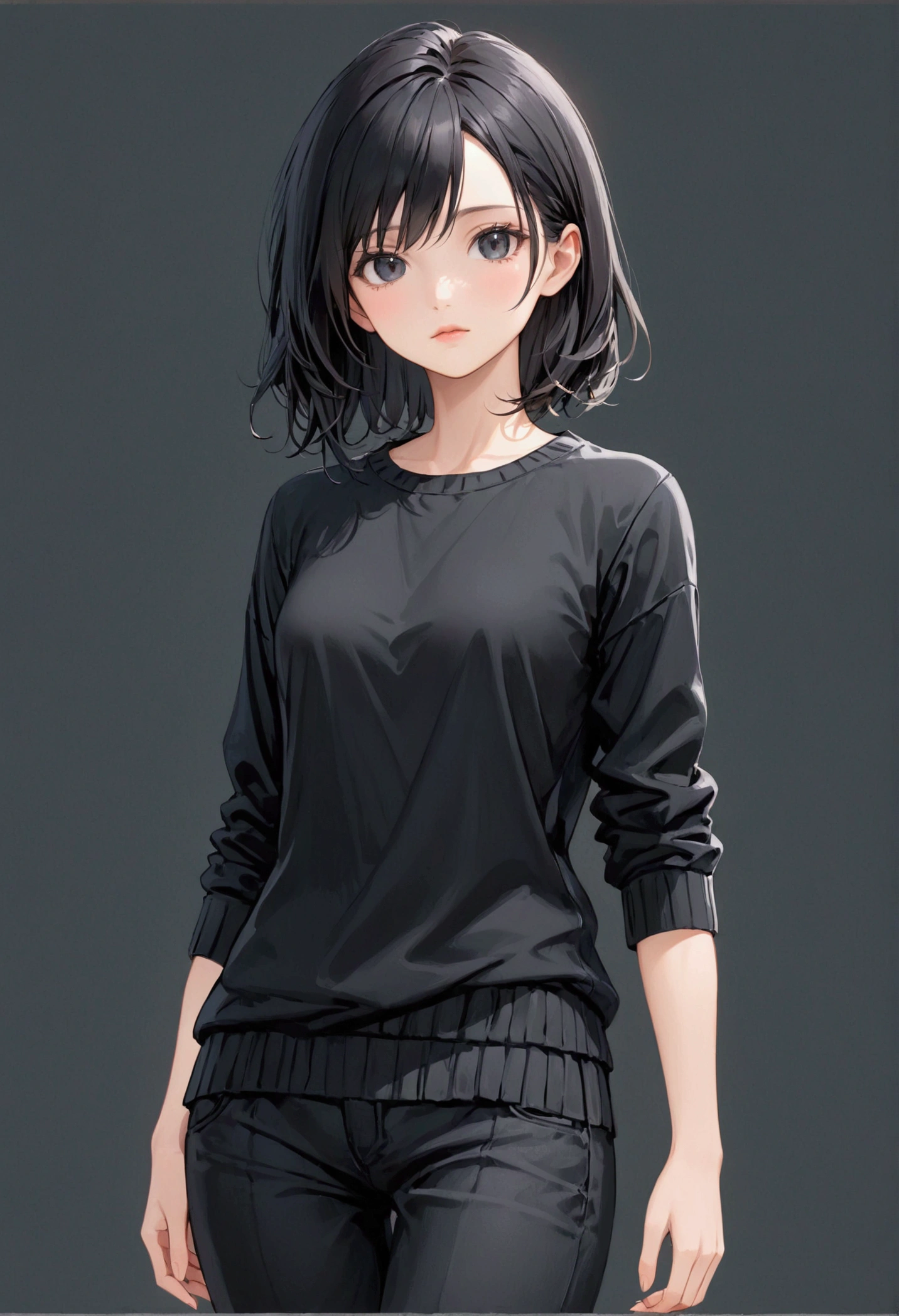 Girl with dark onyx hair, dark onyx eyes,rectangular body figure, casual clothes