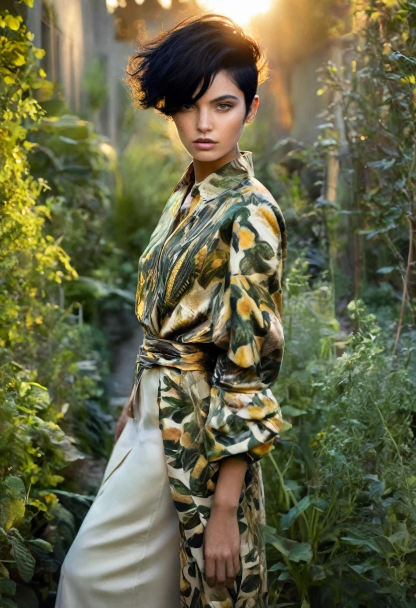 golden hour, garden, back lighting, fashion shoot, caucasian female with black hair, looking at the camera, dynamic pose, in the style of Vogue, Avant-garde Fashion page, warm lighting
