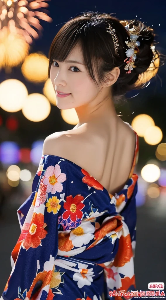 ((masterpiece(:1.4)，Highest quality，Ultra-high resolution，Highest quality，8k，Extremely detailed，In detail))。night，Fireworks display，Summer festival，Japanese，Female college student，Big Tits，Yukata，Hair tying，hair ornaments，hairpin，Drawstring bag，geta，cute，Clear，(Fireworks displayのnightに河川敷で花火を背景にしたスナップ写真)，Hyper Quality