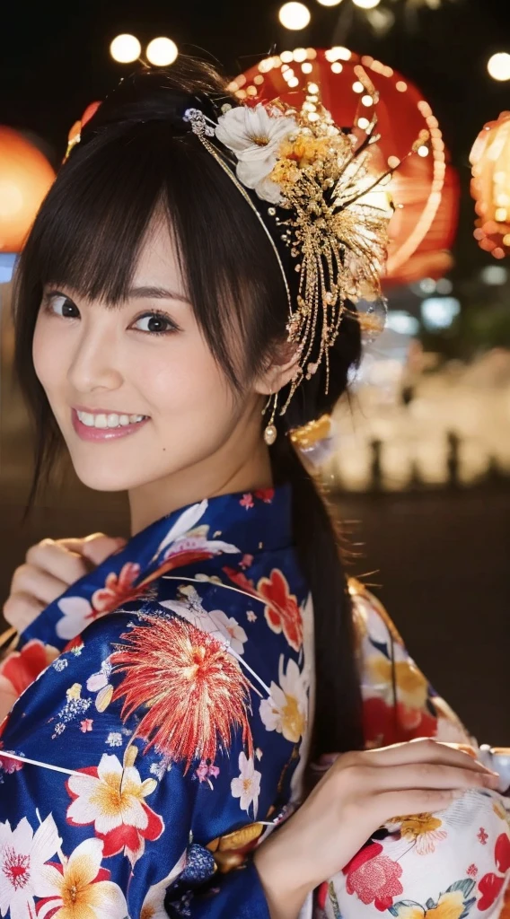 ((masterpiece(:1.4),Highest quality,Ultra-high resolution,Highest quality,8k,Extremely detailed,In detail))。night,Fireworks display,Summer festival,Japanese,Female college student,Big Tits,Yukata,Hair tying,hair ornaments,hairpin,Drawstring bag,geta,cute,Clear,(Fireworks displayのnightに河川敷で花火を背景にしたスナップ写真),Hyper Quality