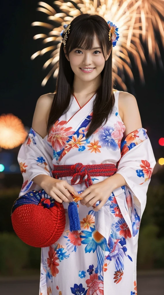 ((masterpiece(:1.4)，Highest quality，Ultra-high resolution，Highest quality，8k，Extremely detailed，In detail))。night，Fireworks display，Summer festival，Japanese，Female college student，Big Tits，Yukata，Hair tying，hair ornaments，hairpin，Drawstring bag，geta，cute，Clear，(Fireworks displayのnightに河川敷で花火を背景にしたスナップ写真)，Hyper Quality