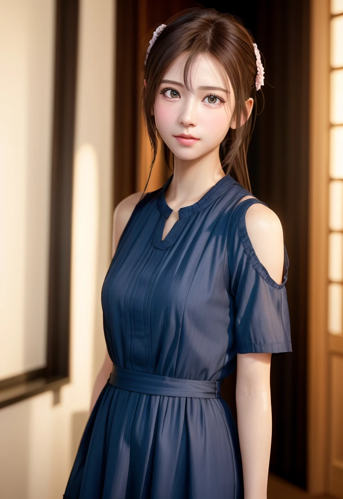 8K, of the highest quality, masutepiece:1.2), (Realistic, Photorealsitic:1.37), of the highest quality, masutepiece, Beautiful young woman, Pensive expression, Gentle expression, Cute Maid Clothes, Hair tied back, feeling radiant, Cinematic background,, Light skin tone
