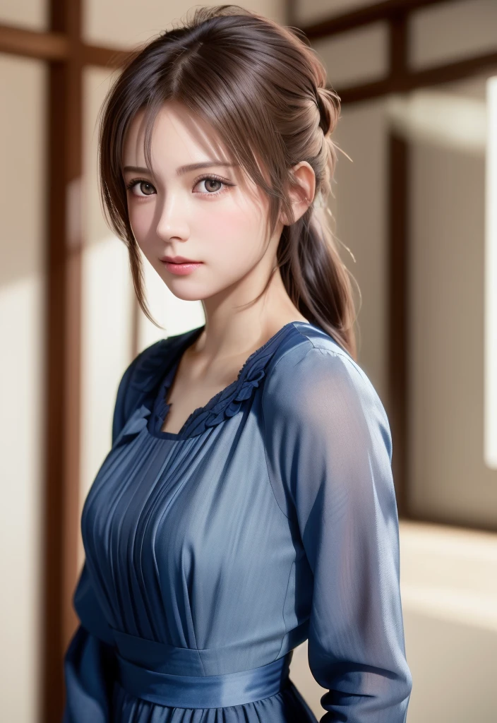 8K, of the highest quality, masutepiece:1.2), (Realistic, Photorealsitic:1.37), of the highest quality, masutepiece, Beautiful young woman, Pensive expression, Gentle expression, Cute Maid Clothes, Hair tied back, feeling radiant, Cinematic background,, Light skin tone