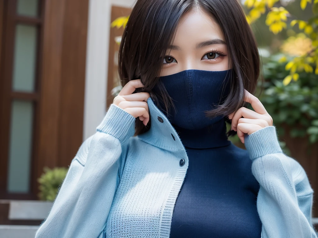 (((masterpiece, best quality,ultra-detailed,8k,high resolution))), (upper body),24 years old ,Japanese girl, 1girl, short hair, (((turtleneck sweater))),(Cover face with a turtleneck sweater:1.7),grabbing turtleneck collar