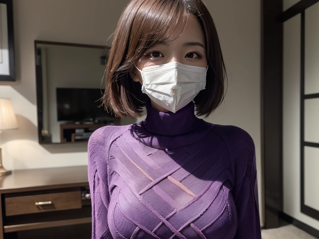 (((masterpiece, best quality,ultra-detailed,8k,high resolution))), (upper body),24 years old ,Japanese girl, 1girl, short hair, (((turtleneck sweater))),(Cover face with a turtleneck sweater:1.7),grabbing turtleneck collar