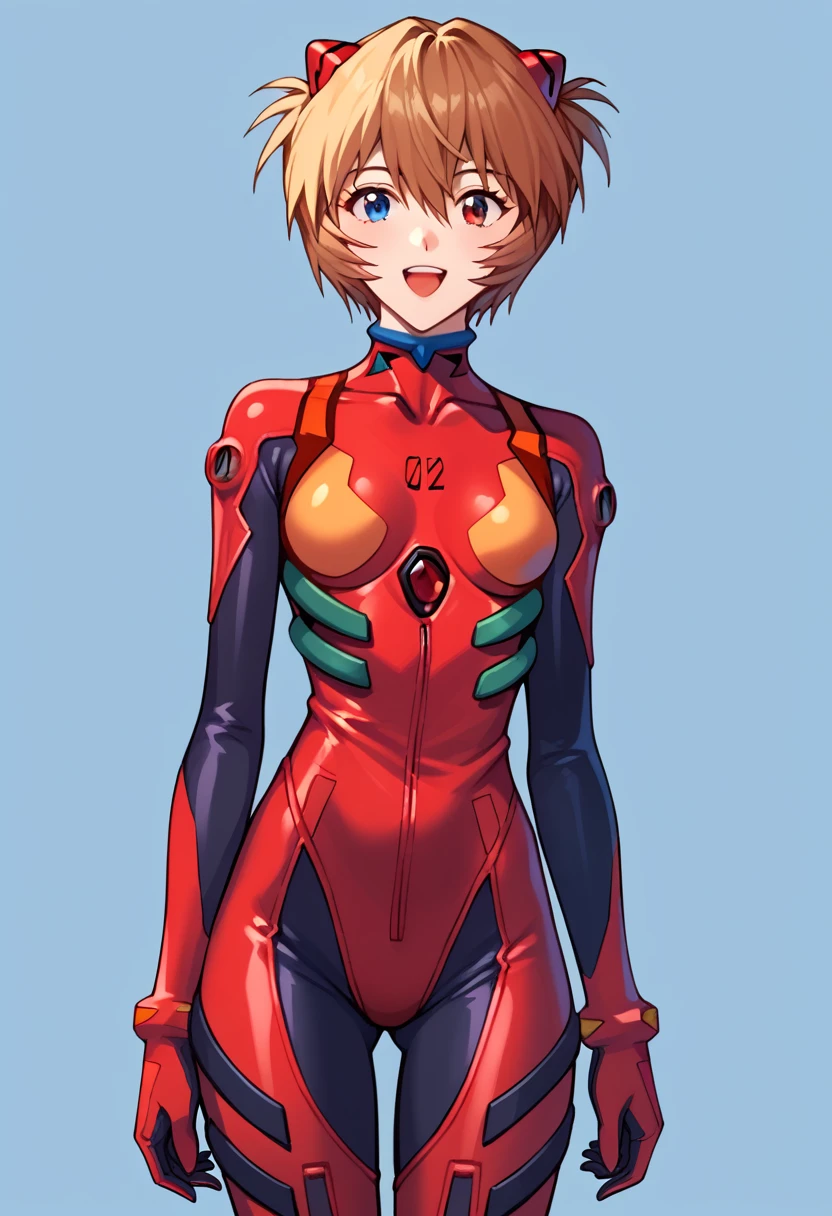 score_9, score_8_up, score_7_up,score_6_up, score_5_up, score_4_up , 1girl, solo, rei ayanami, ayanami rei, blue hair, short hair, red eyes, bodysuit, headgear, plugsuit, black bodysuit, asuka langley soryu, long hair, bangs, blue eyes, brown hair, hair ornament, bodysuit, pilot suit, plugsuit, red bodysuit, interface headset, happy, cowboy shot, simple background