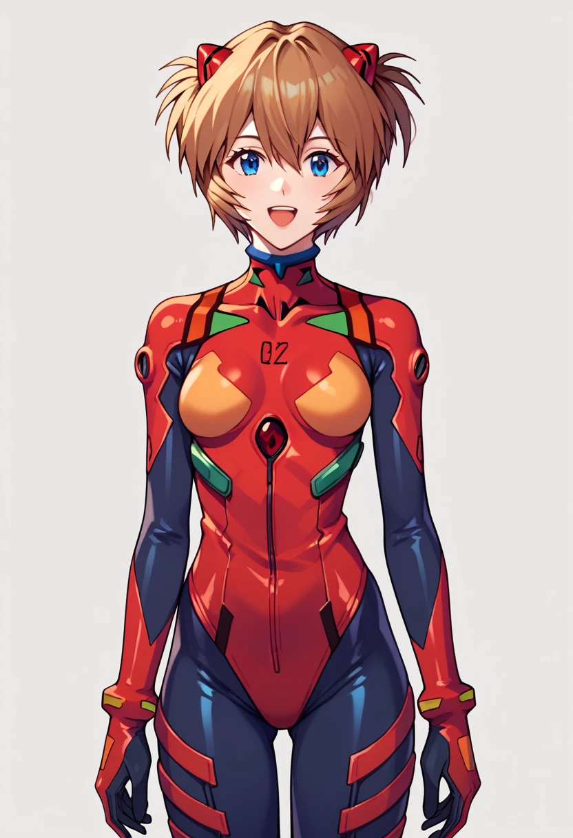 score_9, score_8_up, score_7_up,score_6_up, score_5_up, score_4_up , 1girl, solo, rei ayanami, ayanami rei, blue hair, short hair, red eyes, bodysuit, headgear, plugsuit, black bodysuit, asuka langley soryu, long hair, bangs, blue eyes, brown hair, hair ornament, bodysuit, pilot suit, plugsuit, red bodysuit, interface headset, happy, cowboy shot, simple background