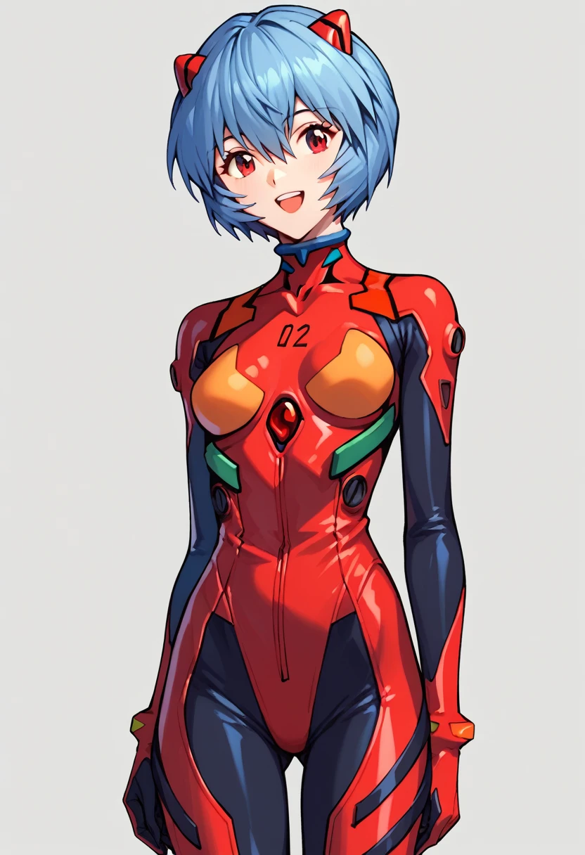 score_9, score_8_up, score_7_up,score_6_up, score_5_up, score_4_up , 1girl, solo, rei ayanami, ayanami rei, blue hair, short hair, red eyes, bodysuit, headgear, plugsuit, black bodysuit, asuka langley soryu, long hair, bangs, blue eyes, brown hair, hair ornament, bodysuit, pilot suit, plugsuit, red bodysuit, interface headset, happy, cowboy shot, simple background