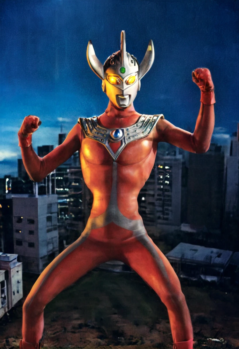 Ultraman Taro、Tokyo cityscape、Midnight、neon、A giant as tall as a building、Fighting Pose、slim、Muscular、Long limbs、Weapon、Gorgeous Body、Incitement、4K、Photorealistic、Portrait、male focus,highres,clear