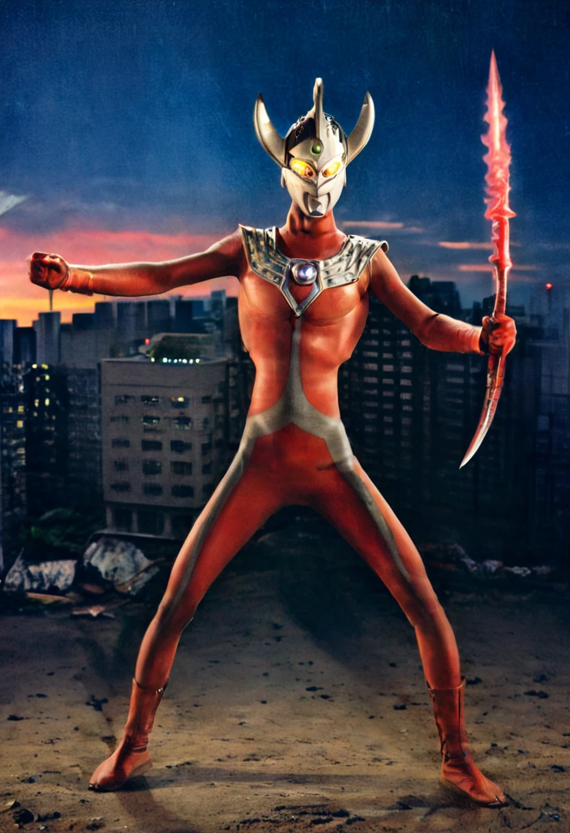 Ultraman Taro、Tokyo cityscape、Midnight、neon、A giant as tall as a building、Fighting Pose、slim、Muscular、Long limbs、Weapon、Gorgeous Body、Incitement、4K、Photorealistic、Portrait、male focus,highres,clear