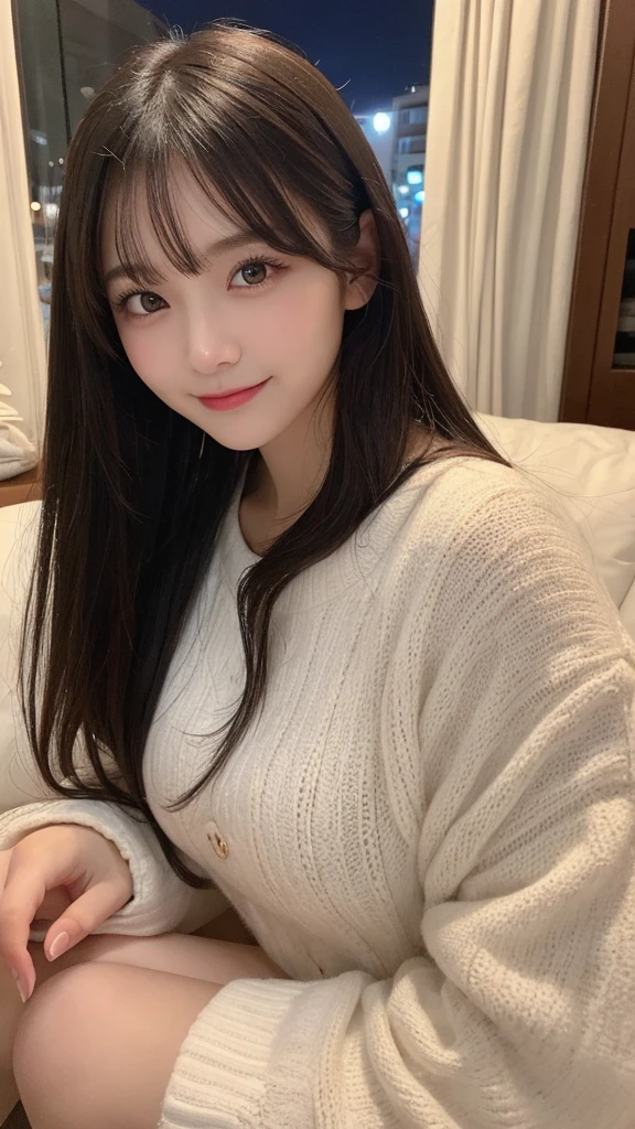 masutepiece, Best Quality, Illustration, Ultra-detailed, finely detail, hight resolution, 8K Wallpaper, Perfect dynamic composition, Beautiful detailed eyes, fluffy winter clothes,straight haired,、Natural Color Lip,Smile,luxury house room、20 years girl、Cute、Sexy look looking at the camera,Ultra-realistic raw photos,Night outside,Perfect and beautiful face