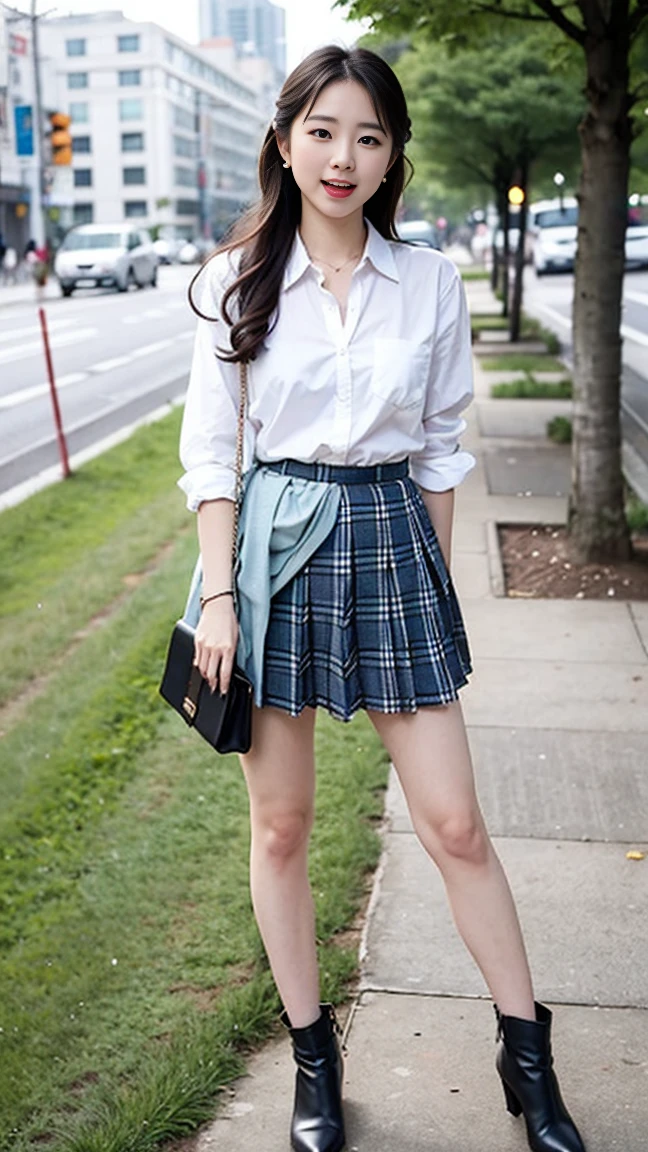  Wearing a white shirt， girl, （tight top：1.5），close your mouth and smile，legs long，((Short 暗红plaid pleated skirt:1.3))，White skin of the，high high quality，4K, Face-to-face audience, 1 plump girl，hair tying up，at the street side，（Bring your legs together：1.5），with a round face，wearing skirt, miniskirt, pleated miniskirt, wearing skirt ,  skirt, short skirt, mini-skirt, wearing a skirt, in shorts, wide skirts, thighs close up, wearing red shorts, pleated skirt, mini skirt, skirt 32 inches in the chest, (sexy pose),(standing pose) ,(full body shot)、Chest 32 inches, ,Stand on the grass and take pictures，gout, Tongue out, Tongue,
