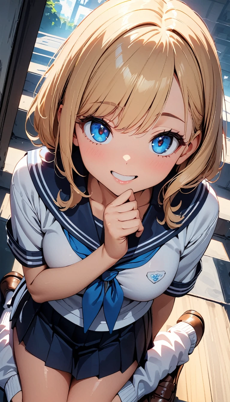 (Highest quality:1.24K, 8k, Studio Anime, Very detailed, Latest, Vibrant, High detail, High Contrast, masterpiece:1.2, Highest quality, Best aesthetics), (((1 Girl))), Sit and pose, ＪＫ, Sailor suit, Pleated skirt, loose socks, loafers, Please open your mouth a little:1.2, smile, Dynamic Angle, look up:1.3, Friendly atmosphere, Beautiful Hair, Shiny Hair, Beautiful Skin, Detailed face and eyes, Glossy Lips, Curvy Women, Striking contrast,