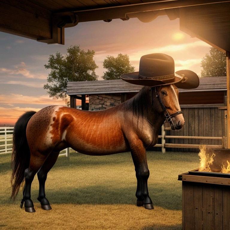  cowboy, barbecue,  hat, boots, horse, outdoor, realistic, hyper-realistic, photorealistic,ultra-detailed,(realistic,photorealistic,photo-realistic:1.37),vivid colors,dramatic lighting,