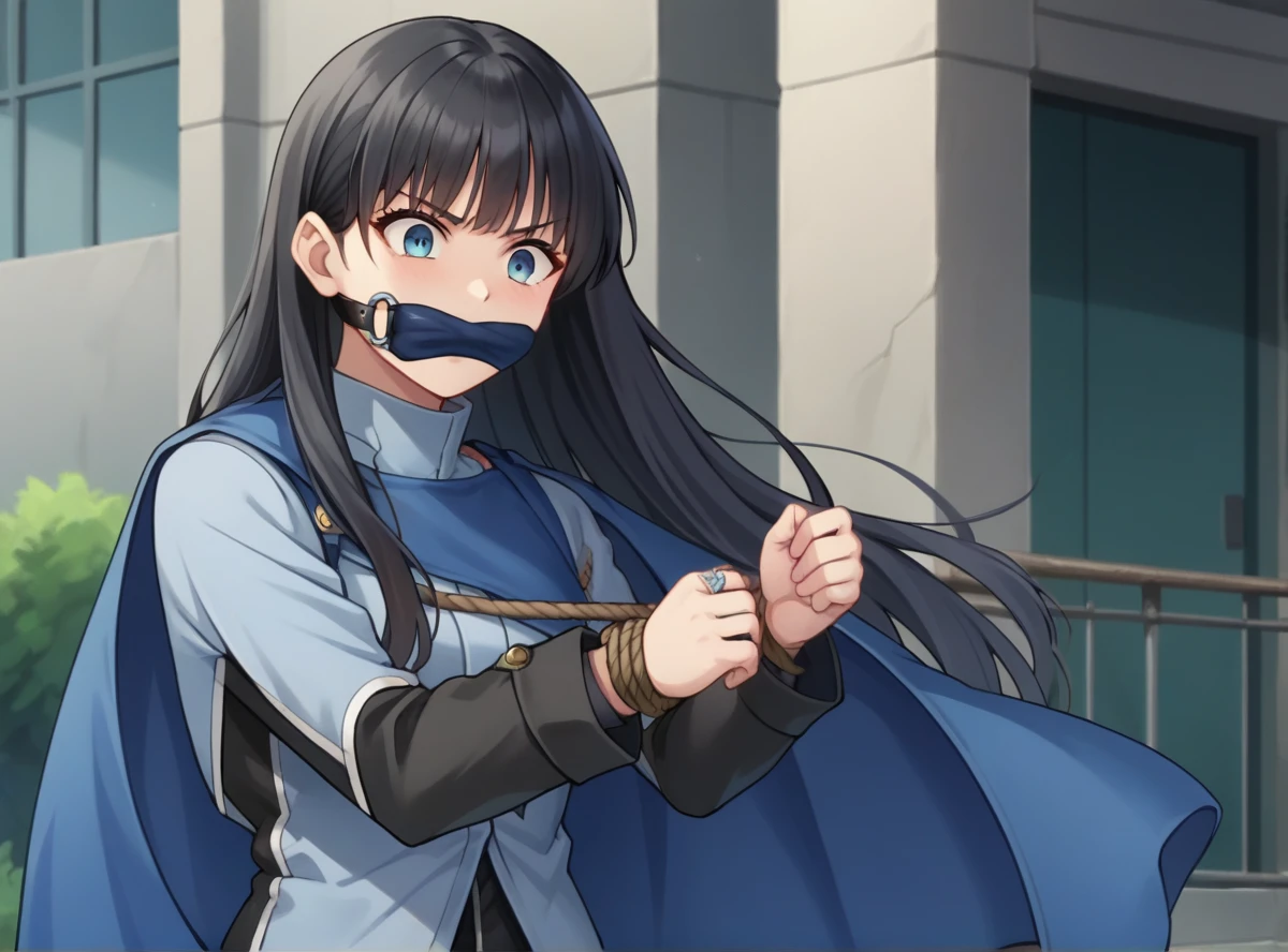 score_9, score_8_superior, score_7_superior, score_6_superior, score_5_superior, score_4_superior, Break Source_anime, masterpiece  ,anime screencap,Kudrinie, Long Hair, bangs, Black Hair, Long sleeve, jewelry, ring, Iris,Cape, Severe, Outdoor,Tied up with rope,gag,Struggling,