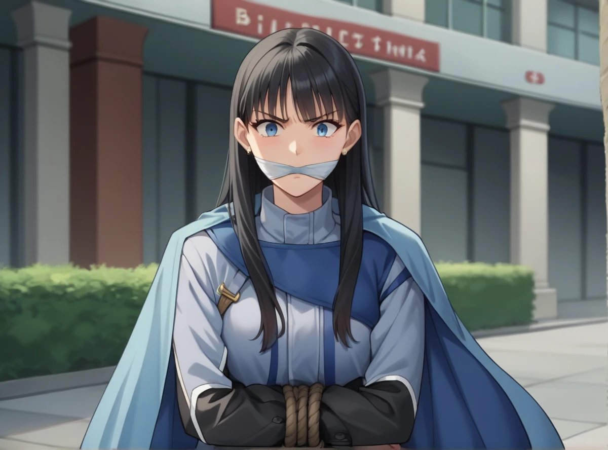 score_9, score_8_superior, score_7_superior, score_6_superior, score_5_superior, score_4_superior, Break Source_anime, masterpiece  ,anime screencap,Kudrinie, Long Hair, bangs, Black Hair, Long sleeve, jewelry, ring, Iris,Cape, Severe, Outdoor,Tied up with rope,gag,Struggling,