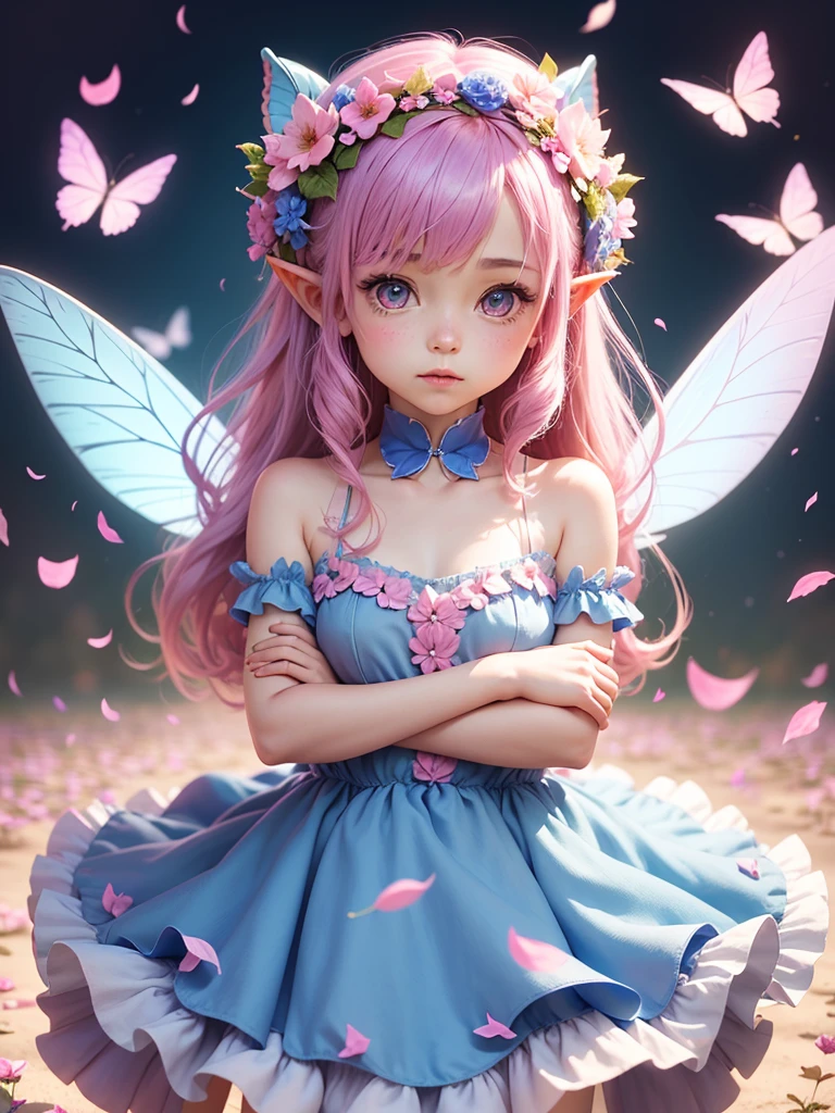 cute little Fairy, blue butterfly, pink hair, pink eyes, dress pointy ears dress made of petals leaves forward posture leaf flower flower crown