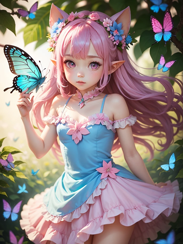 cute little Fairy, blue butterfly, pink hair, pink eyes, dress pointy ears dress made of petals leaves forward posture leaf flower flower crown