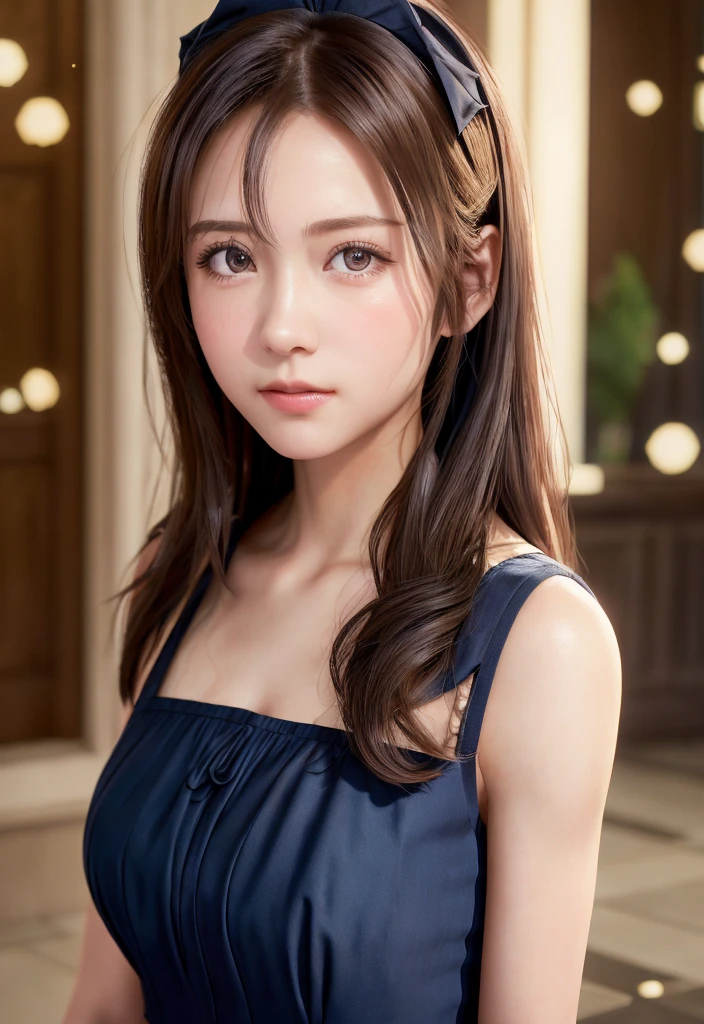 8K, of the highest quality, masutepiece:1.2), (Realistic, Photorealsitic:1.37), of the highest quality, masutepiece, Beautiful young woman, Pensive expression,、A charming、and an inviting look, Cute Maid Clothes, Hair tied back, Cinematic background, Light skin tone