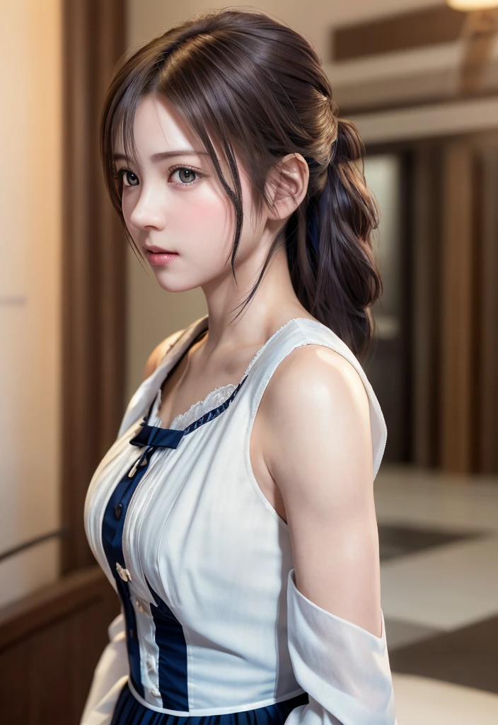 8K, of the highest quality, masutepiece:1.2), (Realistic, Photorealsitic:1.37), of the highest quality, masutepiece, Beautiful young woman, Pensive expression,、A charming、and an inviting look, Cute Maid Clothes, Hair tied back, Cinematic background, Light skin tone