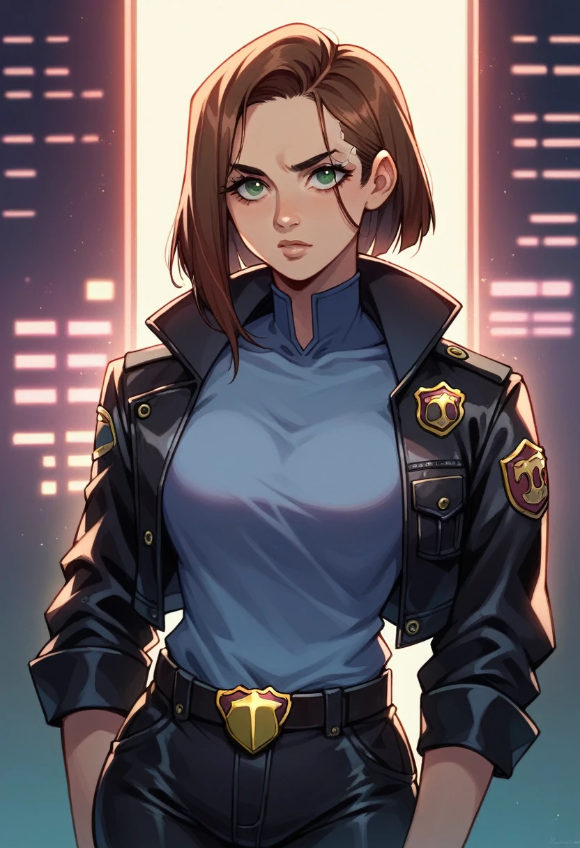 Portrait of natlp as a beautiful female model, Georgia Fowler, beautiful face, with short dark brown hair, in cyberpunk city at night. She's wearing a leather jacket, black pants, dramatic lighting, (police badge:1.2)