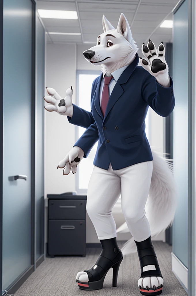 Barbara\(Moscow\), (white body:1.3), White fur, Brown eyes, Moscow, dressed, blazer, shirt, tie,trousers,pink open toe sandals,platform heels,canine, wolf, detailed fur, female, breast, second, paw pads, finger claws, waving, waving at viewer, 5 fingers, paws, 4 toes,ring, 
BREAK from nextel, for dating, by xenoforge, (difficult, high detail, film photography, soft focus, RAW Сидит,Office, 
photorealism, realistic, photorealistic, digital style, Subsurface scattering,
masterpiece, Best quality, ultra realistic, 8 thousand.)