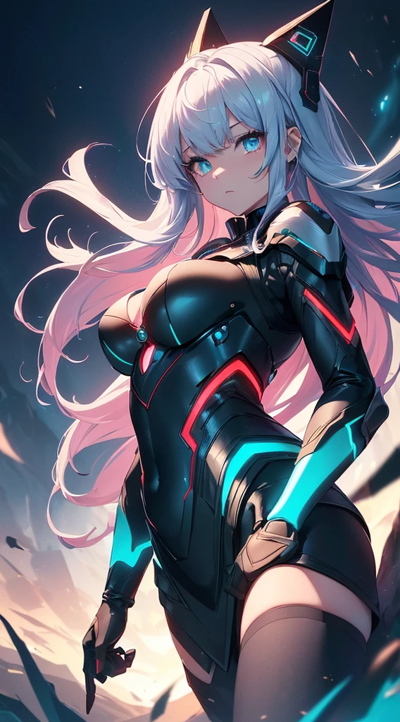 top-quality、Top image quality、​masterpiece、Android Girl((sixteen years old, Cybersuit glowing in black, red and white、Blue energy source for the chest,Best Bust、Bust 90、Light blue light hair、Longhaire,Cyber Skirt、Blue-green eyes、open chest wide、Valley、Happiness、A slender、Mysterious face、Drifting in the air,Particles of light、Sharp claw arm,battered body、mid air、Glowing eyes、Hold out your hands)）hiquality、Beautiful Art、Background with((mistic、Fantastic Universe))、masutepiece、Elaborate design、visualart、Theatrical films