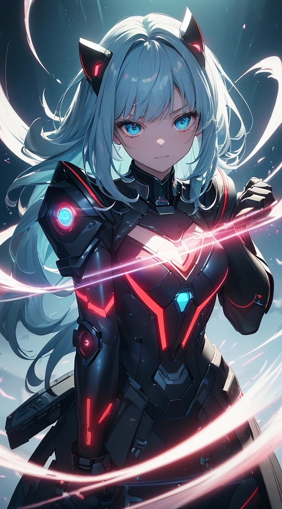 top-quality、Top image quality、​masterpiece、Android Girl((, Cybersuit glowing in black, red and white、Blue energy source for the chest,Best Bust、Bust 90、Light blue light hair、Longhaire,Cyber Skirt、Blue-green eyes、open chest wide、Valley、Happiness、A slender、Mysterious face、Drifting in the air,Particles of light、Sharp claw arm,battered body、mid air、Glowing eyes、Hold out your hands)）hiquality、Beautiful Art、Background with((mistic、Fantastic Universe))、masutepiece、Elaborate design、visualart、Theatrical films