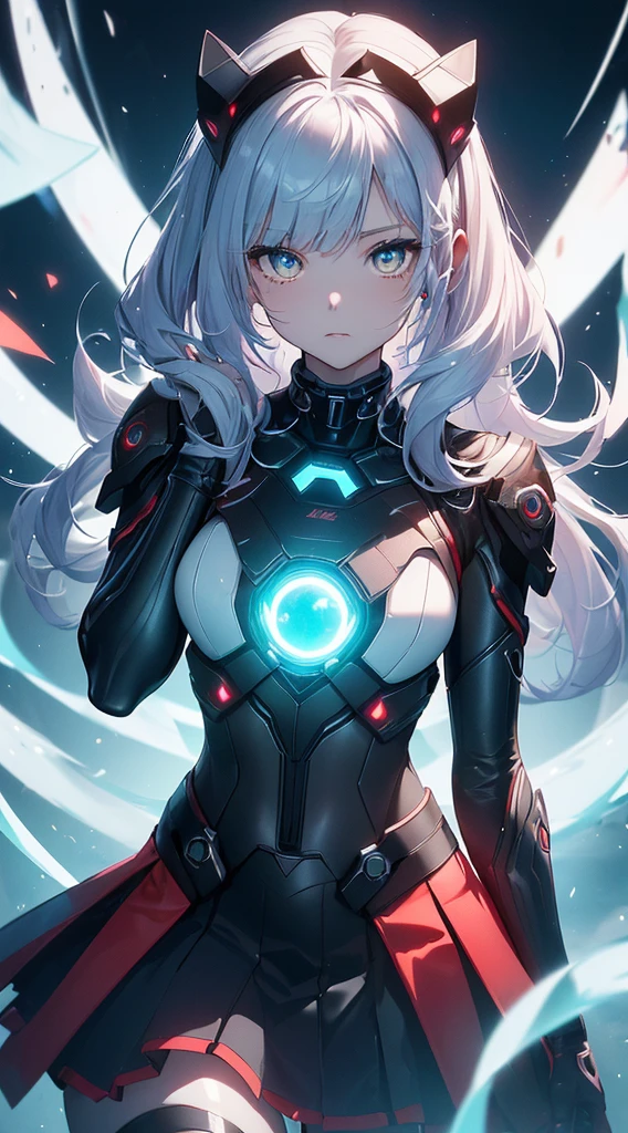 top-quality、Top image quality、masterpiece、Android Girl((sixteen years old, Cybersuit glowing in black, red and white、Blue energy source for the chest,Best Bust、Bust 90、Light blue light hair、Longhaire,Cyber Skirt、Blue-green eyes、open chest wide、Valley、Happiness、A slender、Mysterious face、Drifting in the air,Particles of light、Sharp claw arm,battered body、mid air、Glowing eyes、Hold out your hands))hiquality、Beautiful Art、Background with((mistic、Fantastic Universe))、masutepiece、Elaborate design、visualart、Theatrical films