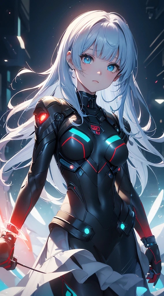 top-quality、Top image quality、masterpiece、Android Girl((sixteen years old, Cybersuit glowing in black, red and white、Blue energy source for the chest,Best Bust、Bust 90、Light blue light hair、Longhaire,Cyber Skirt、Blue-green eyes、open chest wide、Valley、Happiness、A slender、Mysterious face、Drifting in the air,Particles of light、Sharp claw arm,battered body、mid air、Glowing eyes、Hold out your hands))hiquality、Beautiful Art、Background with((mistic、Fantastic Universe))、masutepiece、Elaborate design、visualart、Theatrical films