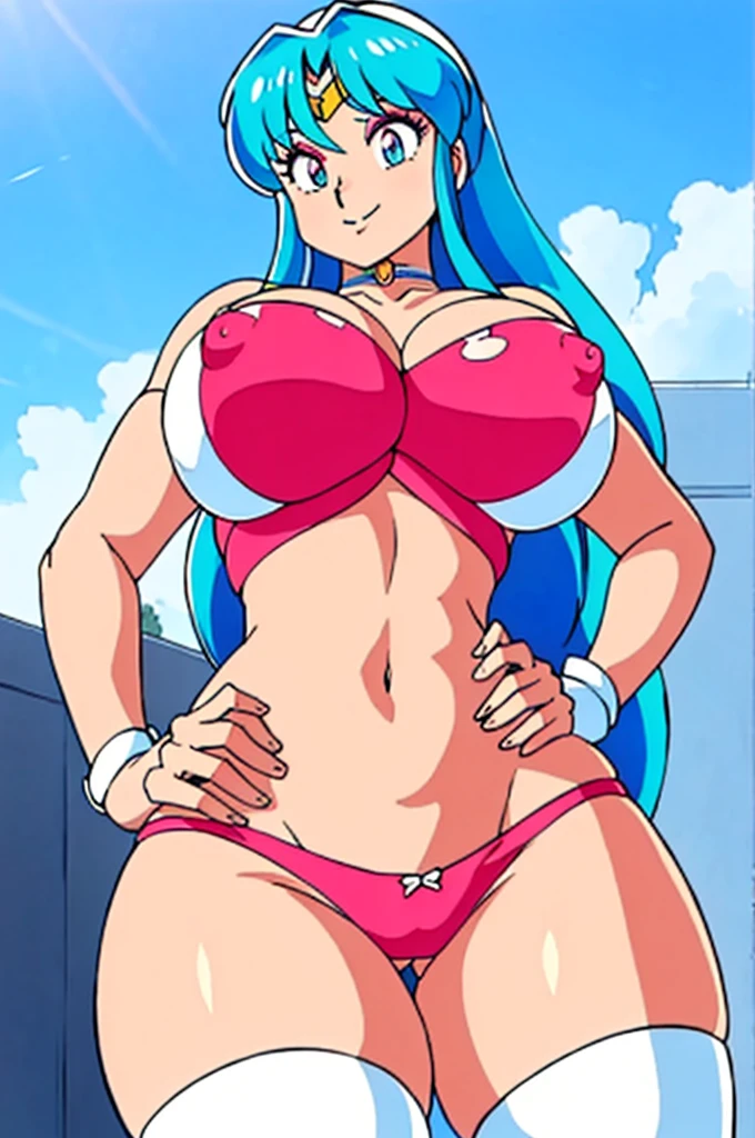 lum, makeup, pink eyeshadow, green hair, lum hair, long flowing hair, miniskirt, beautiful, (masterpiece:1.2), (best quality:1.2), perfect eyes, perfect face, perfect lighting, 1girl, cropped legs, curvy, Sailormoon outfit, exposed midriff, white crop top, Chest bow, long gloves, White Thigh-highs, choker, hand on hip, huge breasts, smile, solo, thick thighs, Point of view from below, Can be seen under mini skirt, Exposed panties, showing panties and super tight thong
