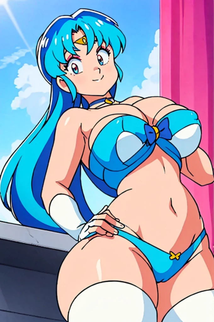 lum, makeup, pink eyeshadow, green hair, lum hair, long flowing hair, miniskirt, beautiful, (masterpiece:1.2), (best quality:1.2), perfect eyes, perfect face, perfect lighting, 1girl, cropped legs, curvy, Sailormoon outfit, exposed midriff, white crop top, Chest bow, long gloves, White Thigh-highs, choker, hand on hip, huge breasts, smile, solo, thick thighs, Point of view from below, Can be seen under mini skirt, Exposed panties, showing panties and super tight thong