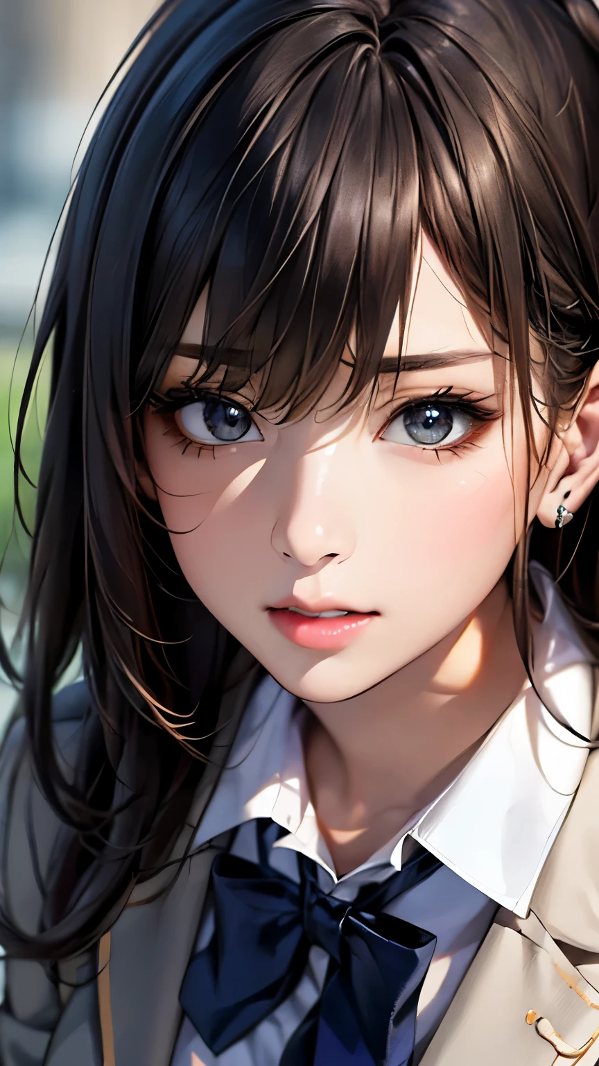 (hig彼st quality、8k、32K、masterpiece)、(Realistic)、(Realistic:1.2)、(High resolution)、Very detailed、Very beautiful face and eyes、1 girl、Delicate body、(hig彼st quality、Attention to detail、Rich skin detail)、(hig彼st quality、8k、Oil paints:1.2)、Very detailed、(Realistic、Realistic:1.37)、Bright colors、Full Body Shot, ((high school girl:1.6, Navy Blazer:1.6, Navy pleated mini skirt)), (Closed blazer, Grey bow tie, White collared shirt, Black thigh-high socks)
