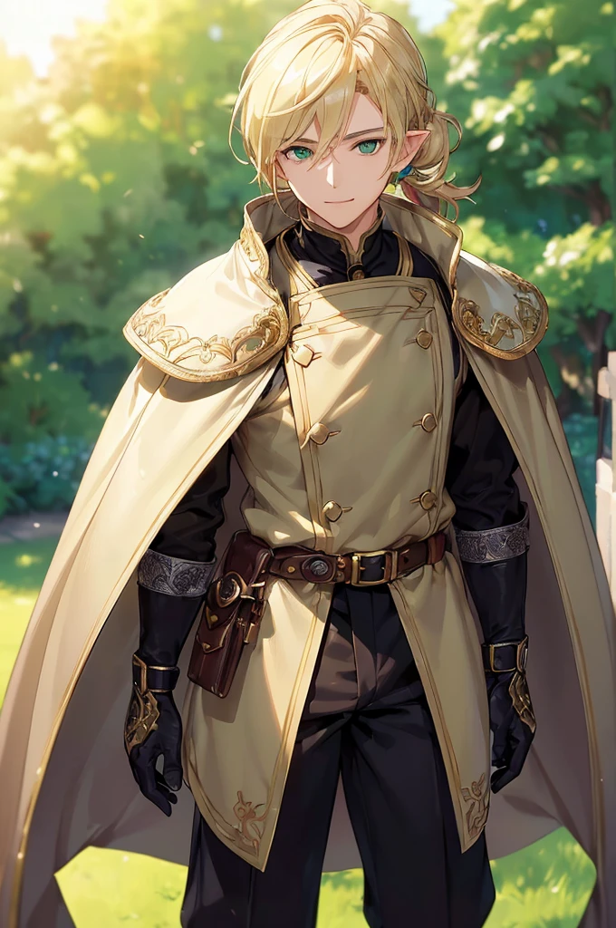 (((masterpiece; best quality: 1.2))), (finely detailed eyes: 1.3), (25 year old elf man), (solo), (green eyes: 1.4), (body; toned, fit, masculine: 1.3), (silky blonde hair in low ponytail: 1.3), (beautiful and clear background: 1.2), ((depth of field)), (equipment: adventurer garb + modest + elegant slim fedora + dark overcoat + dark long cape + black pants + gloves + belt + pouches: 1.3), (anime illustration: 1.2), (background composition; royal garden: 1.1), (extremely fine and handsome: 1.1), (shot composition; standing + centered on torso + close-up: 1.5), (expression; calm, smile: 1.2)
