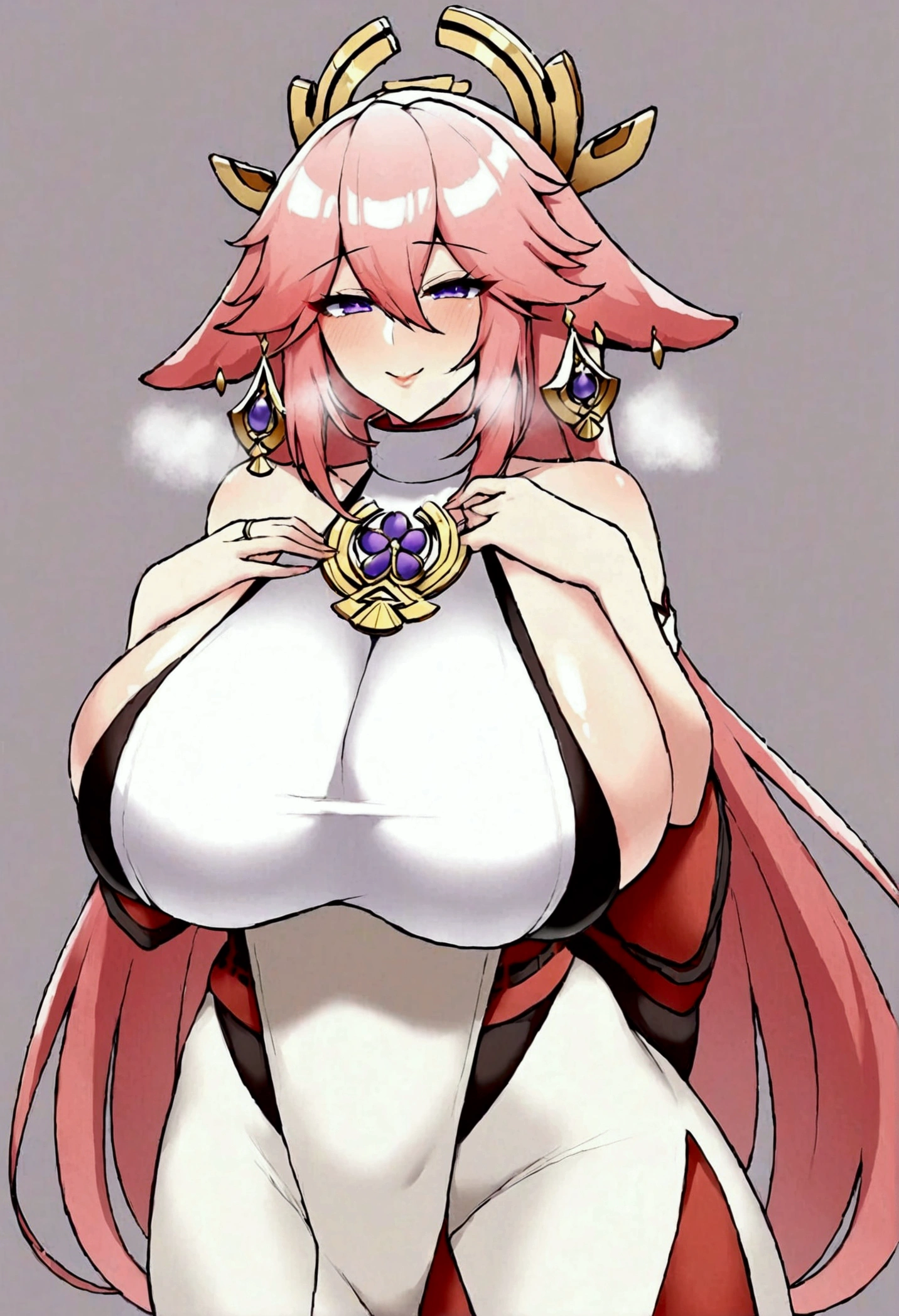 best quality masterpiece extremely detailed highres 1girl yae miko huge breasts mom Bodysuit breath ring