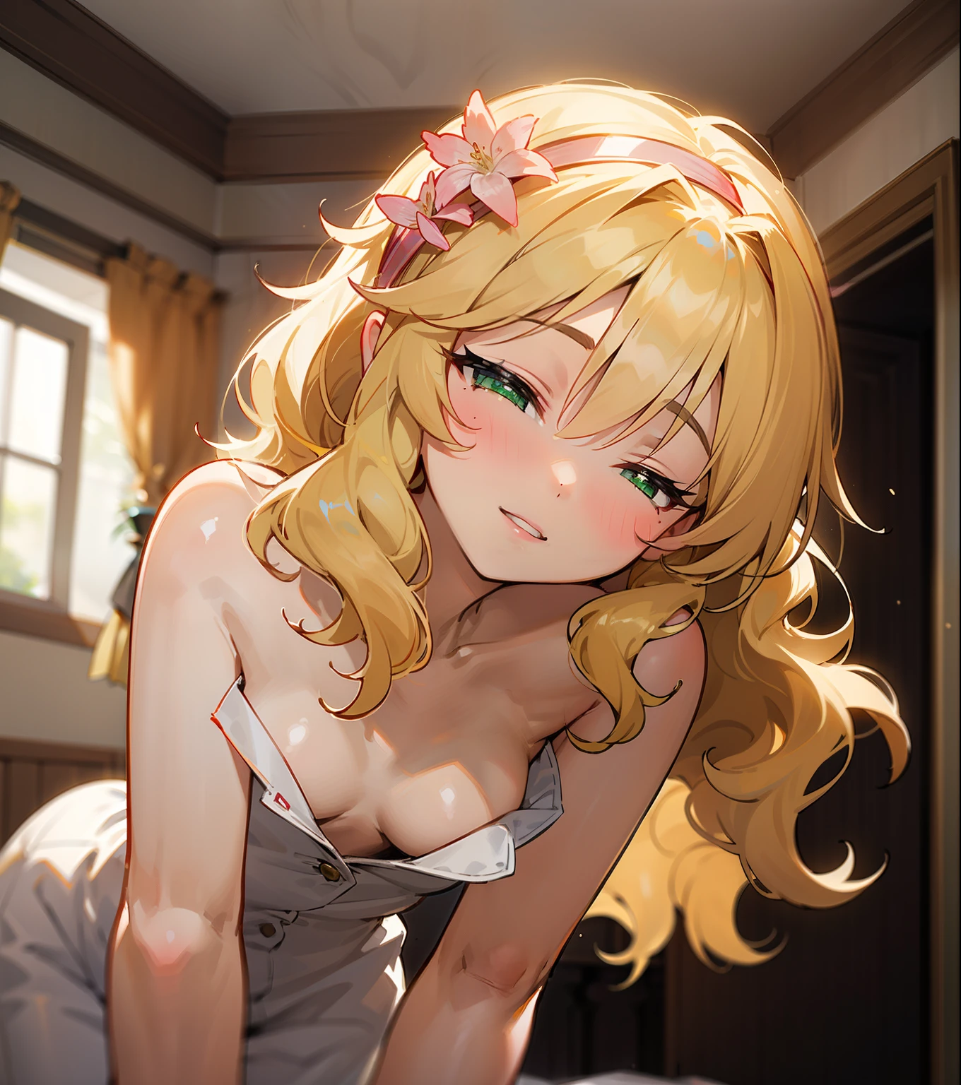 masterpiece,best quality, ultra-detailed,1girl(sakurai momoka, lovely small breasts, naked  body, wavy hair, long hair, blonde hair,  headband, pink flower in hair,green eyes,  half-closed eyes), a charming face,   parted lips, nose blush, blush, facing viewer , looking at viewer, head tilt, solo, pajama,  cleavage,  in the bedroom, night time, standing, seductive,  a seductive  pose , from_below 