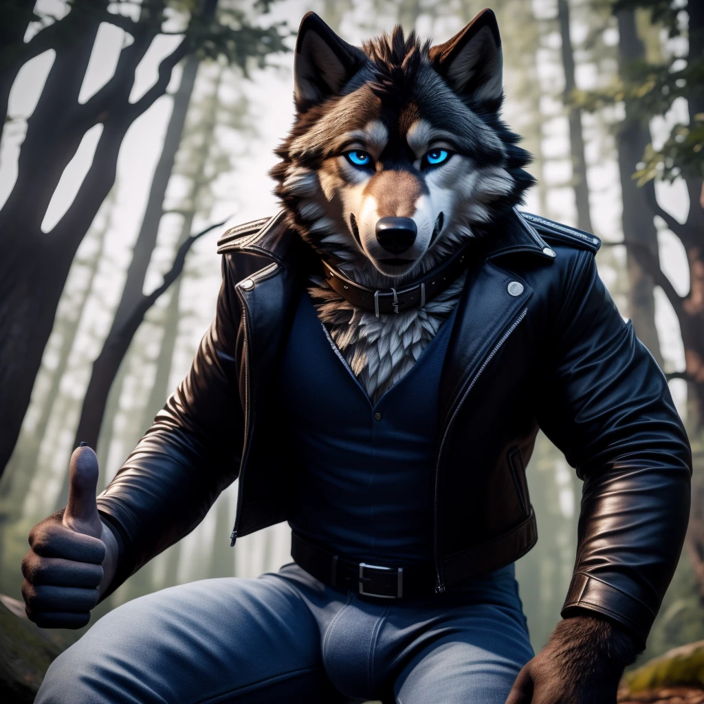 Posing, 1Male, 30 years old, cute, eyeliner, happy expression, black leather jacket, anthro, sad wolf ears, (black fur:1.5), wolf, forest background, 8k, hi res, (best quality, masterpiece), (wolf tail:1.5), detailed fur, solo, collar, blue jeans, blue eyes. dynamic angle, ultra-detailed, thumbs up