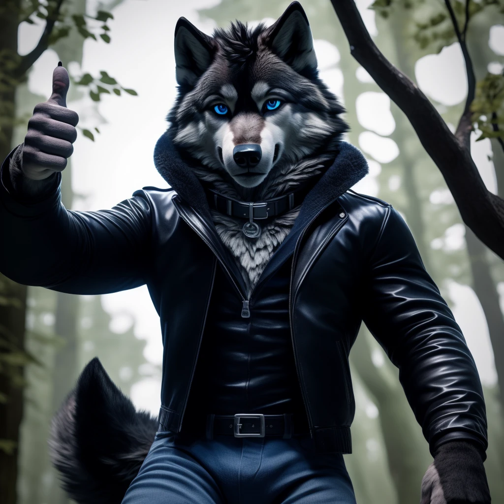 Posing, 1Male, 30 years old, cute, eyeliner, happy expression, black leather jacket, anthro, sad wolf ears, (black fur:1.5), wolf, forest background, 8k, hi res, (best quality, masterpiece), (wolf tail:1.5), detailed fur, solo, collar, blue jeans, blue eyes. dynamic angle, ultra-detailed, thumbs up