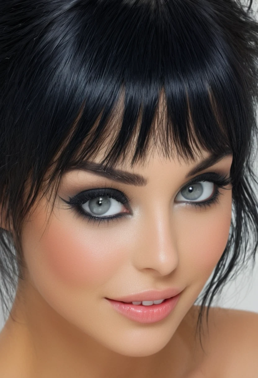 1fille, Maginifique, cheveux longs noirs intense, frange émoussée, ses yeux représentent la planète terre, eye-liner noir, regard intense et vif,  inspire une grande confiance en elle,  légé sourire, poitrine ronde et galbée effet push-up 