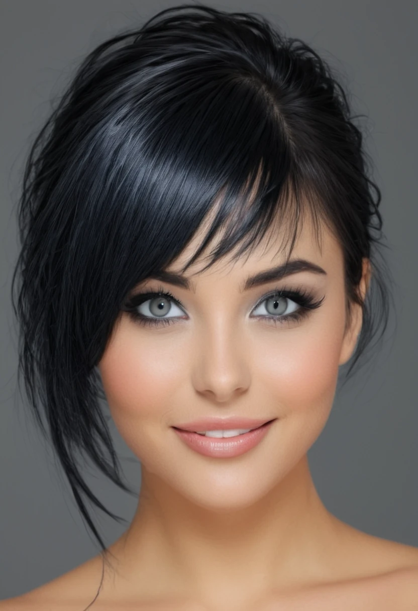1fille, Maginifique, cheveux longs noirs intense, frange émoussée, ses yeux représentent la planète terre, eye-liner noir, regard intense et vif,  inspire une grande confiance en elle,  légé sourire, poitrine ronde et galbée effet push-up 