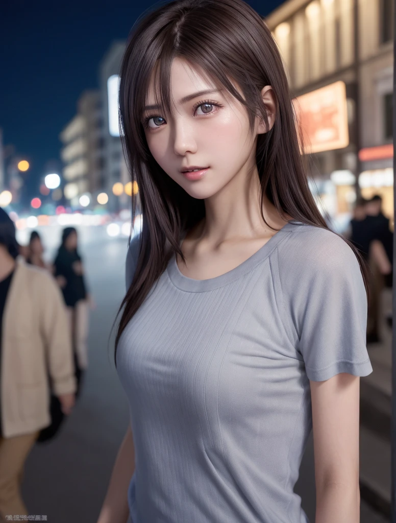 (Best Quality, High resolution, masutepiece :1.3), Pretty women, Slender figure, dark brown hair, T-shirt, (Street in city at night), Highly detailed face and skin texture, Detailed eyes, double eyelid