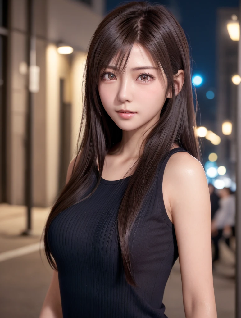 (Best Quality, High resolution, masutepiece :1.3), Pretty women, Slender figure, dark brown hair, T-shirt, (Street in city at night), Highly detailed face and skin texture, Detailed eyes, double eyelid