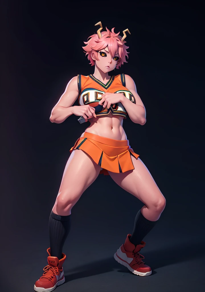 mina ashido, 1girl, solo, looking at viewer, short hair, simple background, yellow eyes, pink hair, horns, colored skin, colored sclera, black sclera, pink skin, U.A. CheerUniform, orange skirt, cheerleader, ((bare belly)), perfect shading, bare shoulders, big breasts