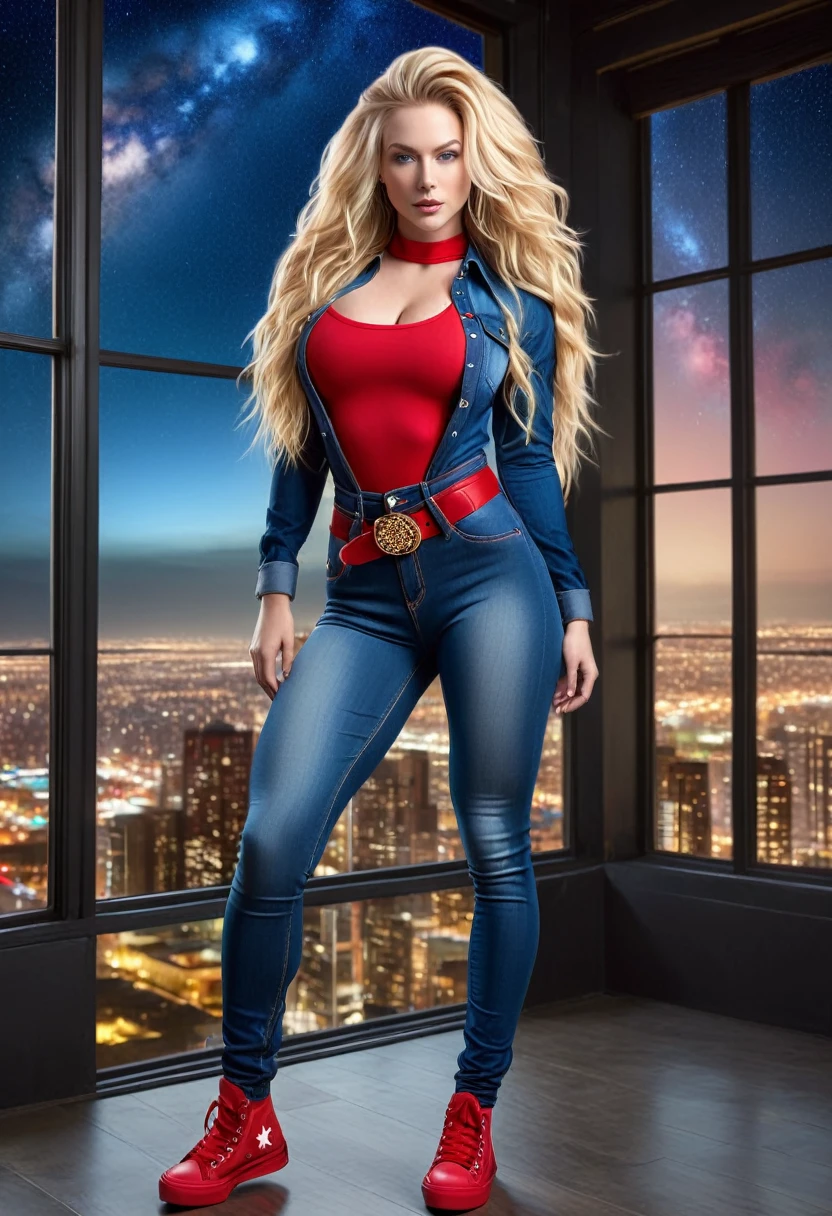BOMBSHELL BLONDE WOMAN, WARRIOR FEMALE ON BLUE JEANS JUMPSUIT, VERY PALE SKIN, BLUE EYES, HIGH CHEEKBONES, ROSY CHEEKS, MENTAL FORAMEN, HUGE LONG BLONDE HAIR, DREAD HAIRSTYLE, LONG JEANS DREADS ON LONG BLONDE HAIR, THONG LEOTARD, RED LONG SLEEVES SHIRT, JEANS BODYSUIT, NECK BODYSUIT, RED GLOVES, RED BELT, GOLD BUCKLE, RED CONVERSE ALL STAR SHOES, ATHLETIC CURVY BODY, DETAILED QUADRICEPS, THICK THIGHS, MUSCLES, SIDE BODY VIEW, FULL BODY PERSPECTIVE, DARK HALL, HUGE WINDOWS, NIGHT SKY, ACCURATE IMAGE, MASTERPIECE.